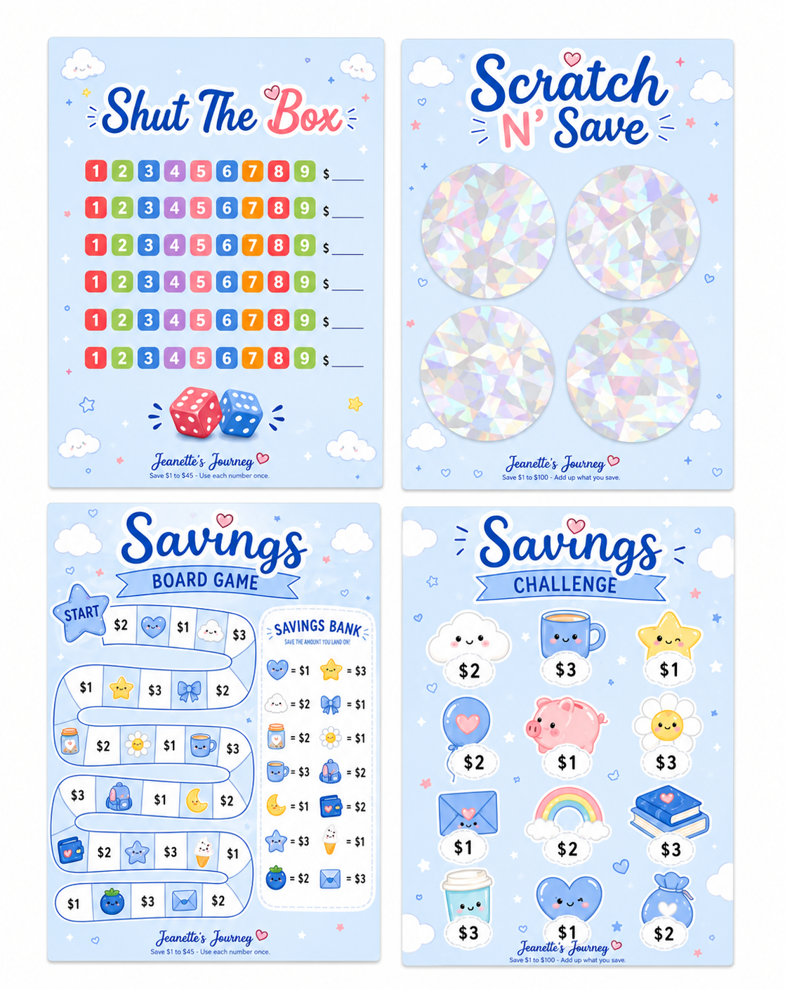100 Savings Challenges Binder Refills | Clouds Of Savings | Set Of 4
