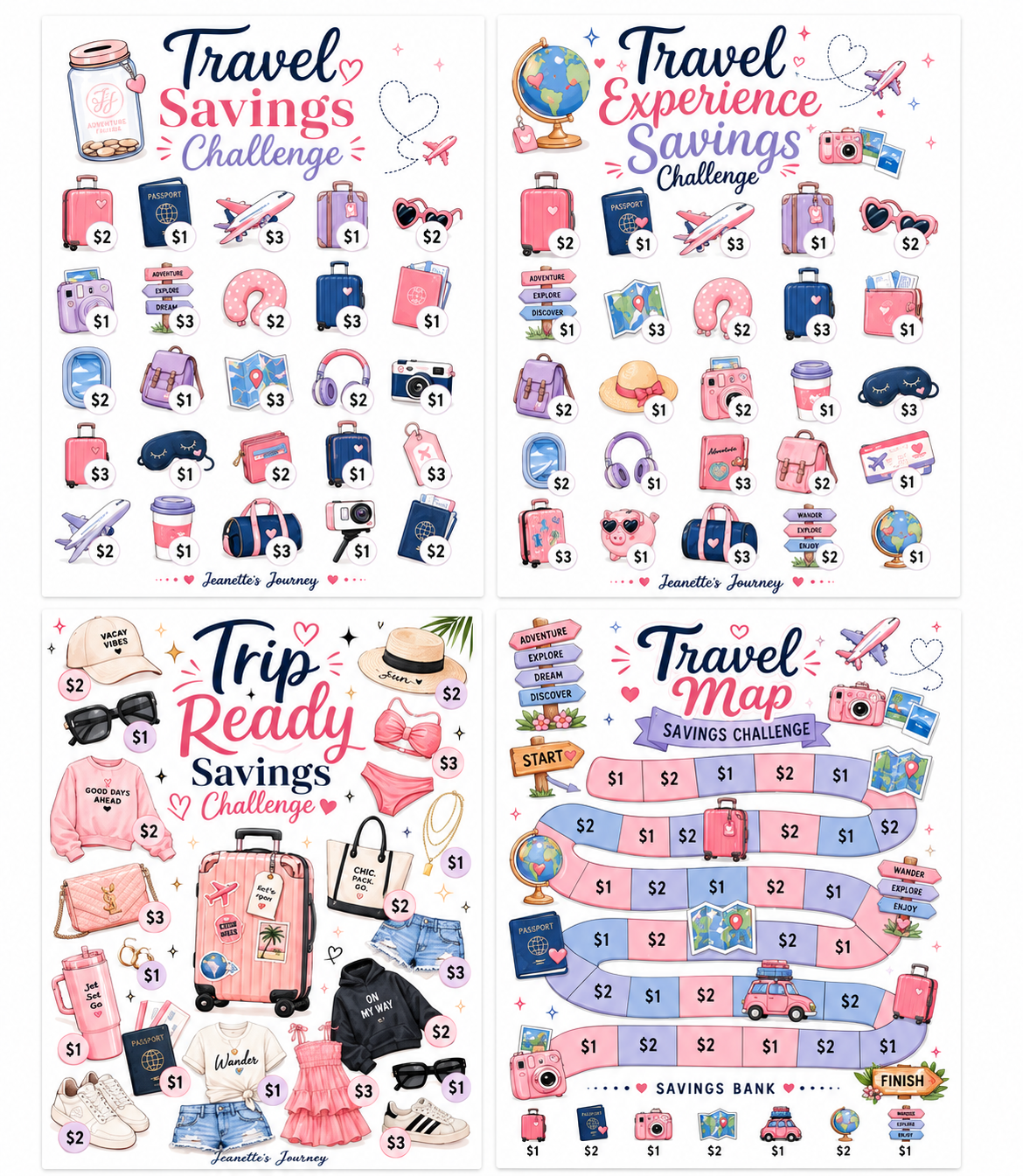 100 Savings Challenges Binder Refills | Travel Savings | Set Of 4